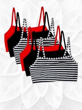 Fruit Of The Loom Striped & Solid Red Black Cotton Bralette 6-pack.